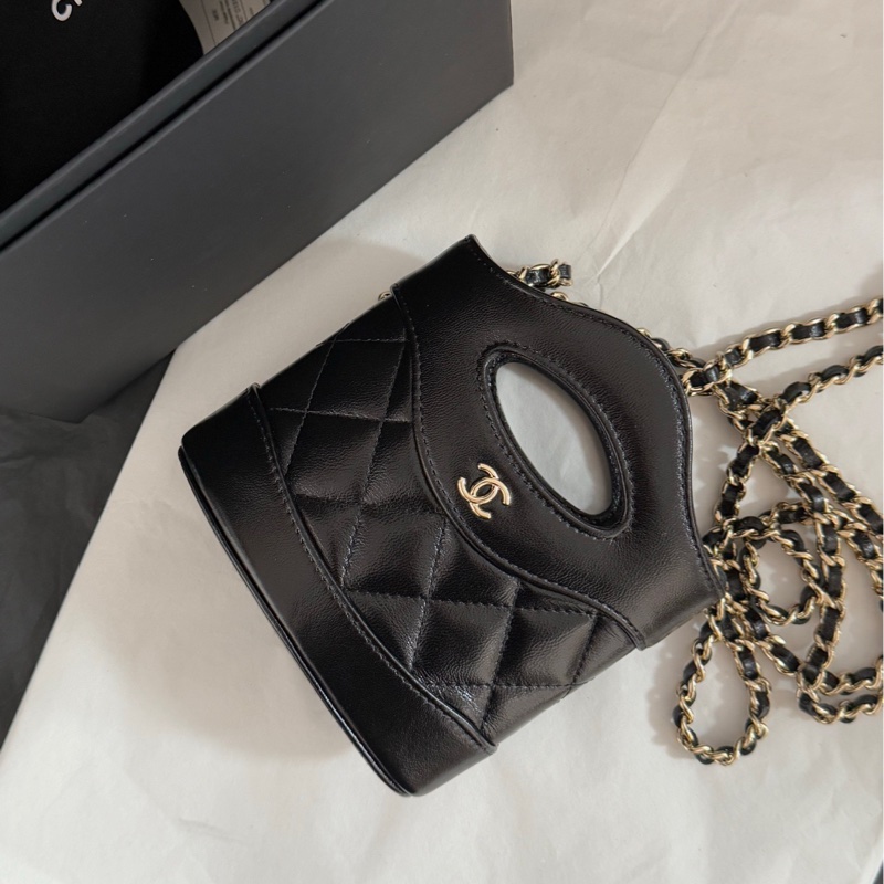 Chanel 香奈兒 24S系列31bag mini nano黑色復古羊皮淡金扣薯條包 鏈條包-0