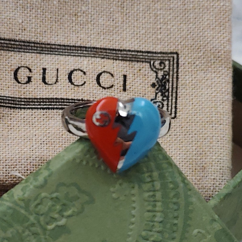Gucci 紅+藍心形閃電吊墜互扣雙G戒指-0