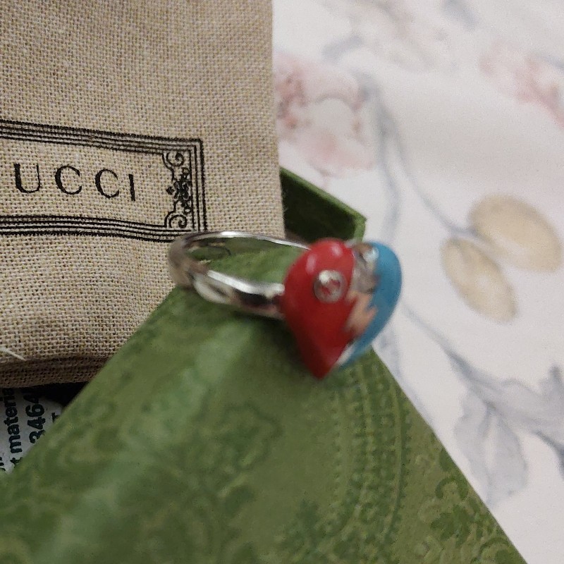 Gucci 紅+藍心形閃電吊墜互扣雙G戒指-1