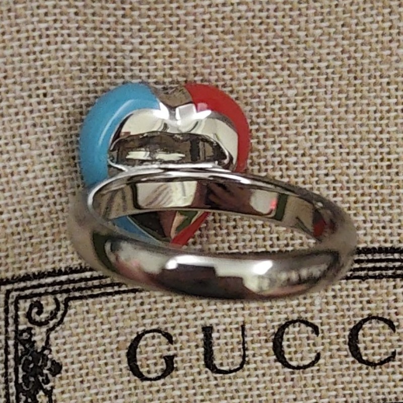Gucci 紅+藍心形閃電吊墜互扣雙G戒指-12