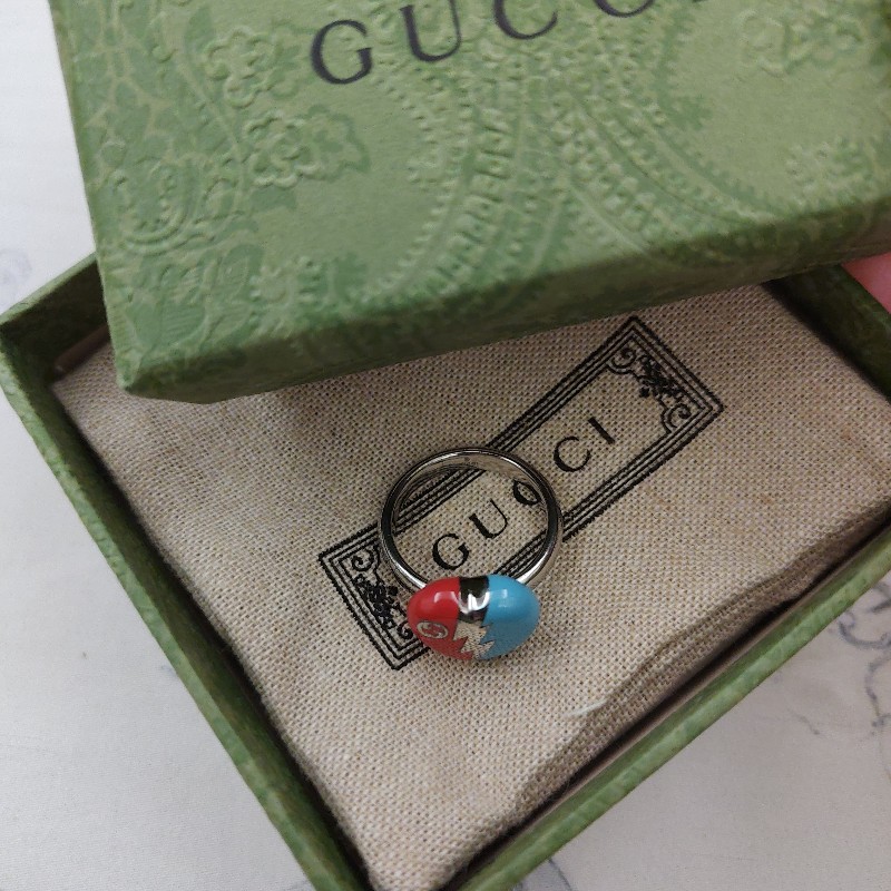 Gucci 紅+藍心形閃電吊墜互扣雙G戒指-13