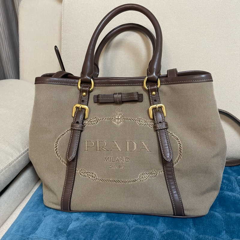 Prada棕皮革帆布兩用包(美包)-0