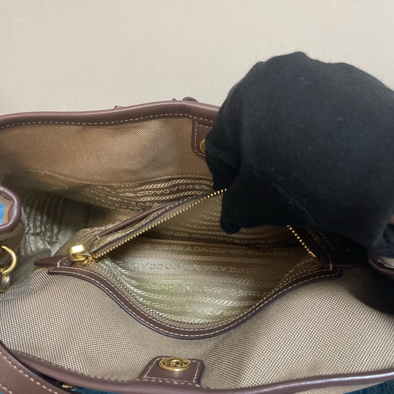 Prada棕皮革帆布兩用包(美包)-5