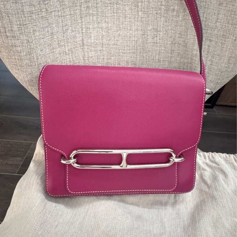 HERMES愛馬仕ROULIS 23 豬鼻子方形斜背包 玫瑰紫+銀釦 A刻 2017-0