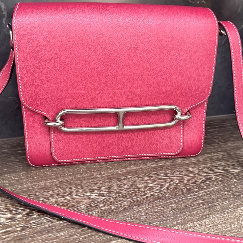 HERMES愛馬仕ROULIS 23 豬鼻子方形斜背包 玫瑰紫+銀釦 A刻 2017-2