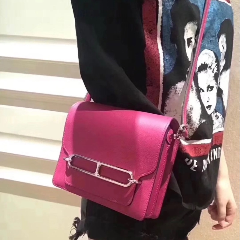 HERMES愛馬仕ROULIS 23 豬鼻子方形斜背包 玫瑰紫+銀釦 A刻 2017-4