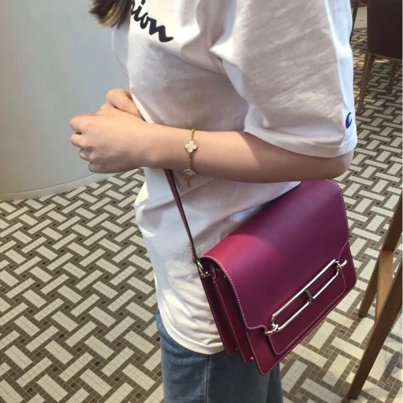 HERMES愛馬仕ROULIS 23 豬鼻子方形斜背包 玫瑰紫+銀釦 A刻 2017-5