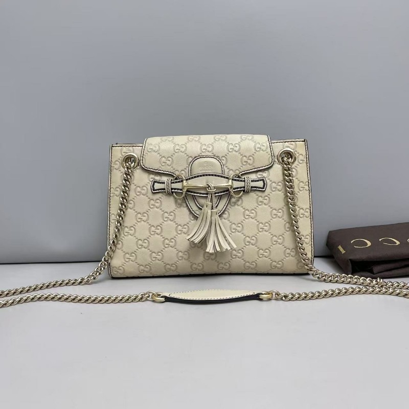 Gucci古馳 Emily米色全皮老花壓紋鏈條包-0