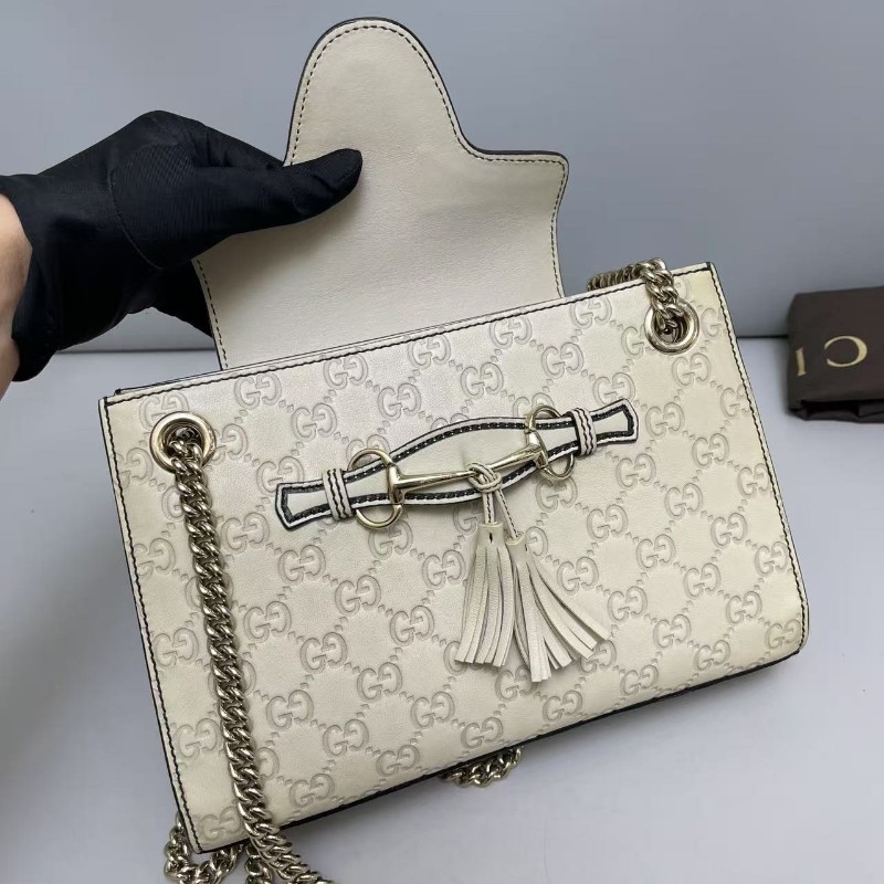 Gucci古馳 Emily米色全皮老花壓紋鏈條包-7