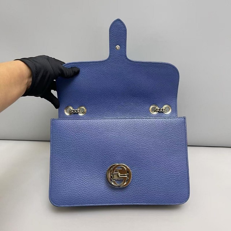 Gucci古馳 深藍色牛皮荔枝紋中號風琴包 斜背包肩背包-2