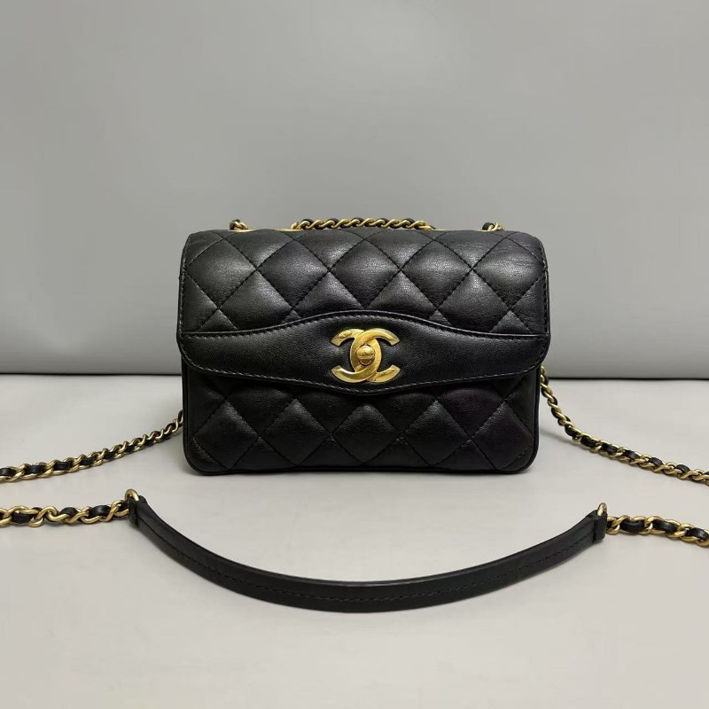Chanel香奈兒 古巴系列黑金全皮迷你菱格風琴鏈條包肩背包-0