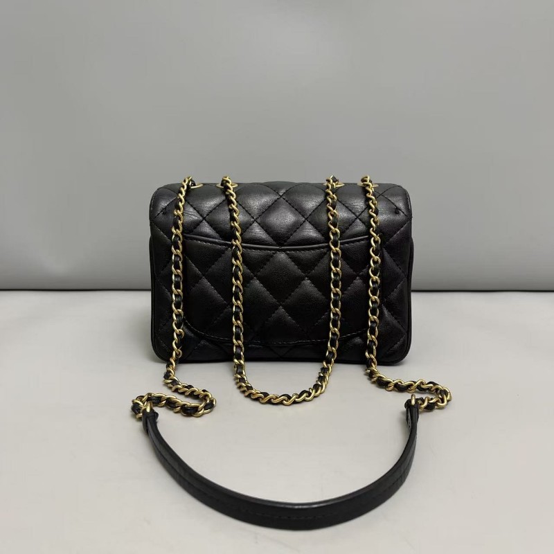 Chanel香奈兒 古巴系列黑金全皮迷你菱格風琴鏈條包肩背包-1