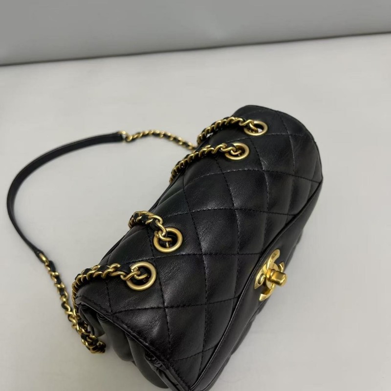 Chanel香奈兒 古巴系列黑金全皮迷你菱格風琴鏈條包肩背包-2