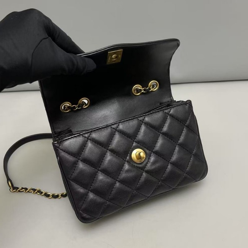 Chanel香奈兒 古巴系列黑金全皮迷你菱格風琴鏈條包肩背包-4