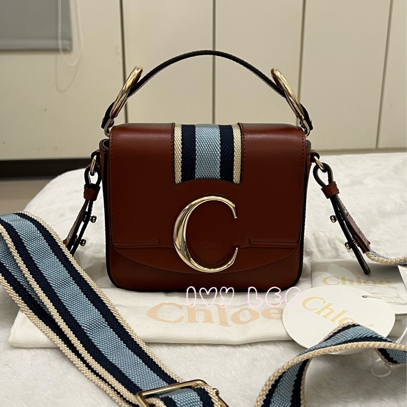 CHLOE MINI CHLOE C 條紋織帶拼小牛皮 手提包 斜背包 焦糖棕 正品 二手精品-0