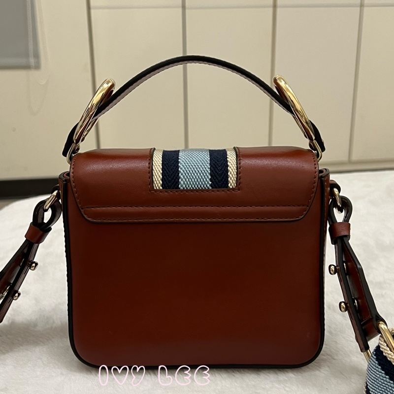 CHLOE MINI CHLOE C 條紋織帶拼小牛皮 手提包 斜背包 焦糖棕 正品 二手精品-1