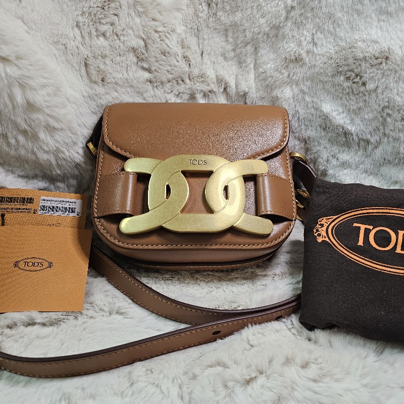 全新 TOD'S 銅金飾釦牛皮斜背馬鞍包 Mini 斜背包 義大利製-0