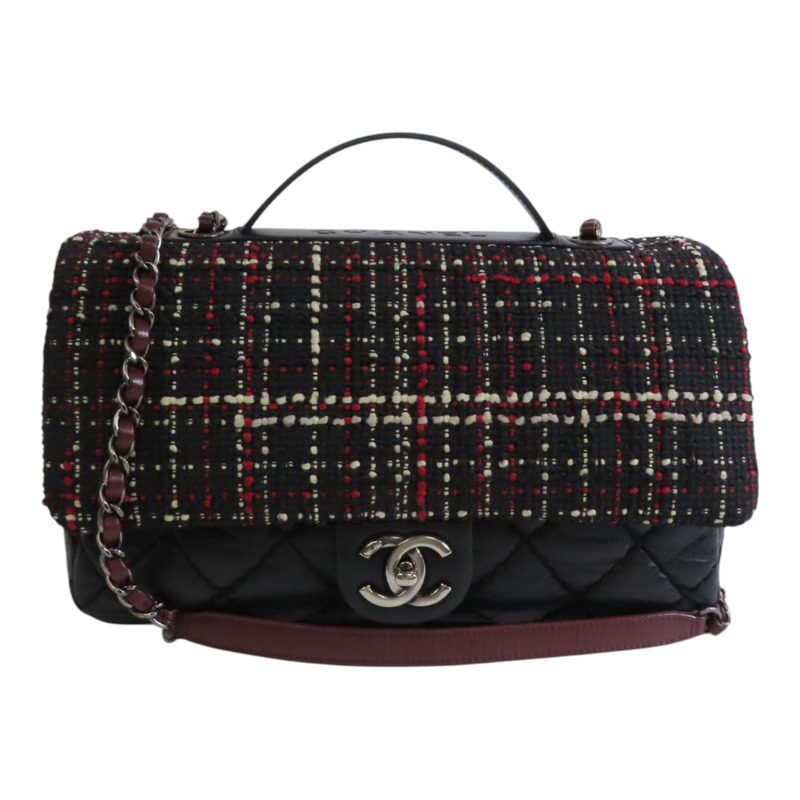 CHANEL 牛皮皮革/斜紋軟呢2Way Shoulder Bag銀扣鏈帶手挽肩背兩用袋-0