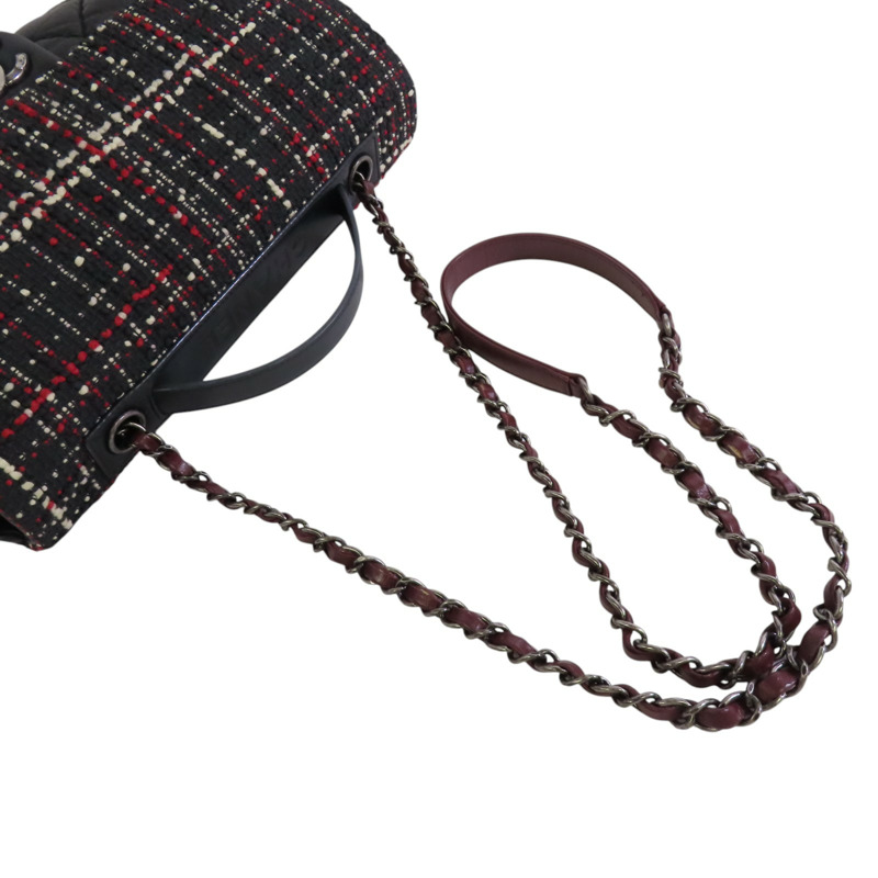 CHANEL 牛皮皮革/斜紋軟呢2Way Shoulder Bag銀扣鏈帶手挽肩背兩用袋-7
