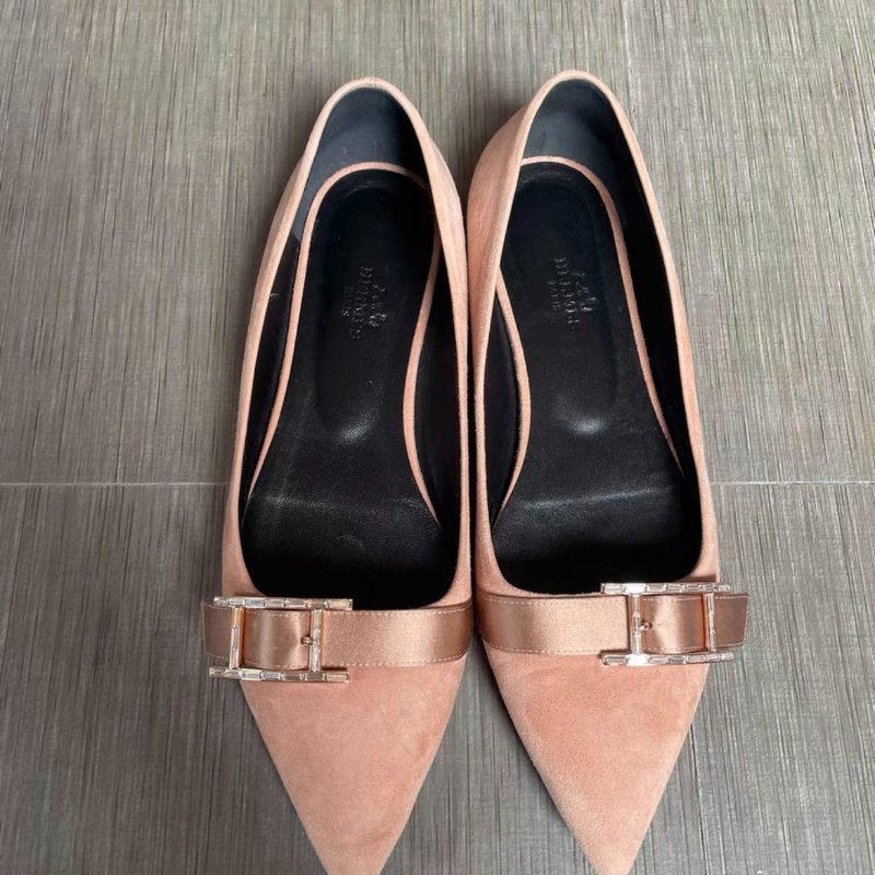 hermès H鑽扣橘粉色平底鞋 37.5號-0