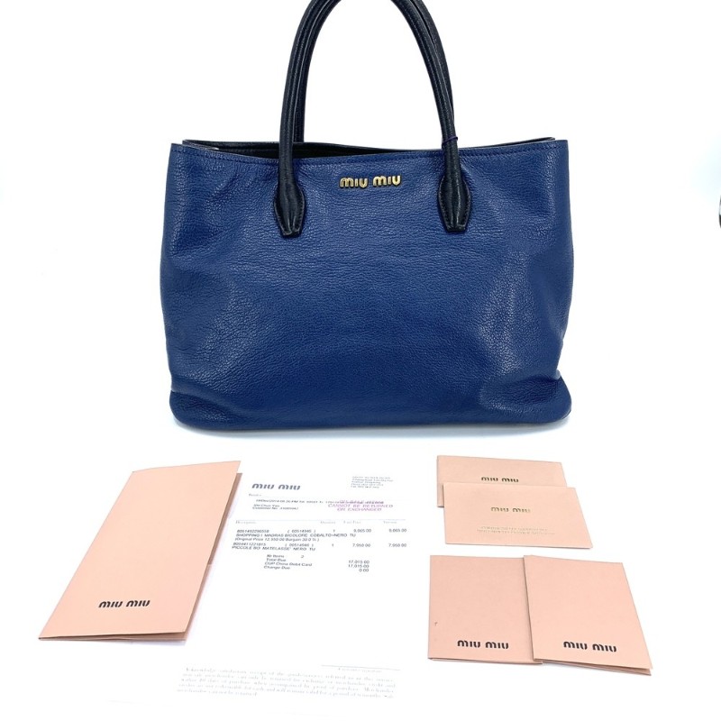 Miumiu繆繆藍色拼黑色牛皮手提包挎包手袋-8
