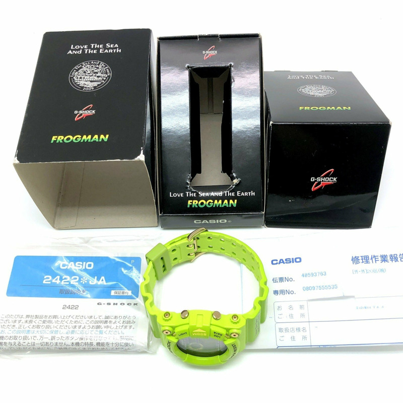 G-SHOCK CASIO GW-200F-3 FROGMAN EARTHWATCH 腕錶,飾有雨蛙、樹木和海豚/鯨魚圖案。 Tough Solar 腕錶,採用黃綠色塗裝。 2009 年 6 月上市。三國丘店。 ITE3CVMX70O4。-9