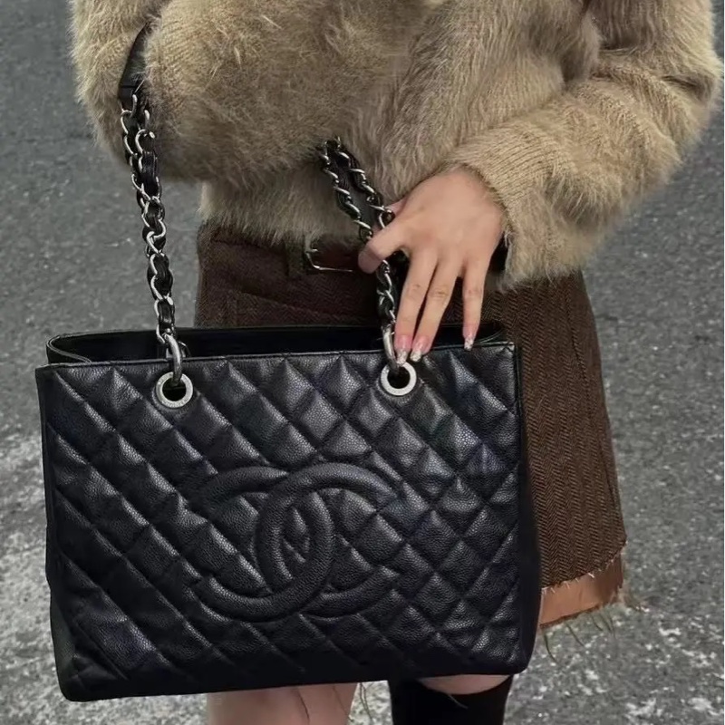 成色很好👍Chanel黑銀荔枝牛皮中號gst鏈條單肩手提包👜-0