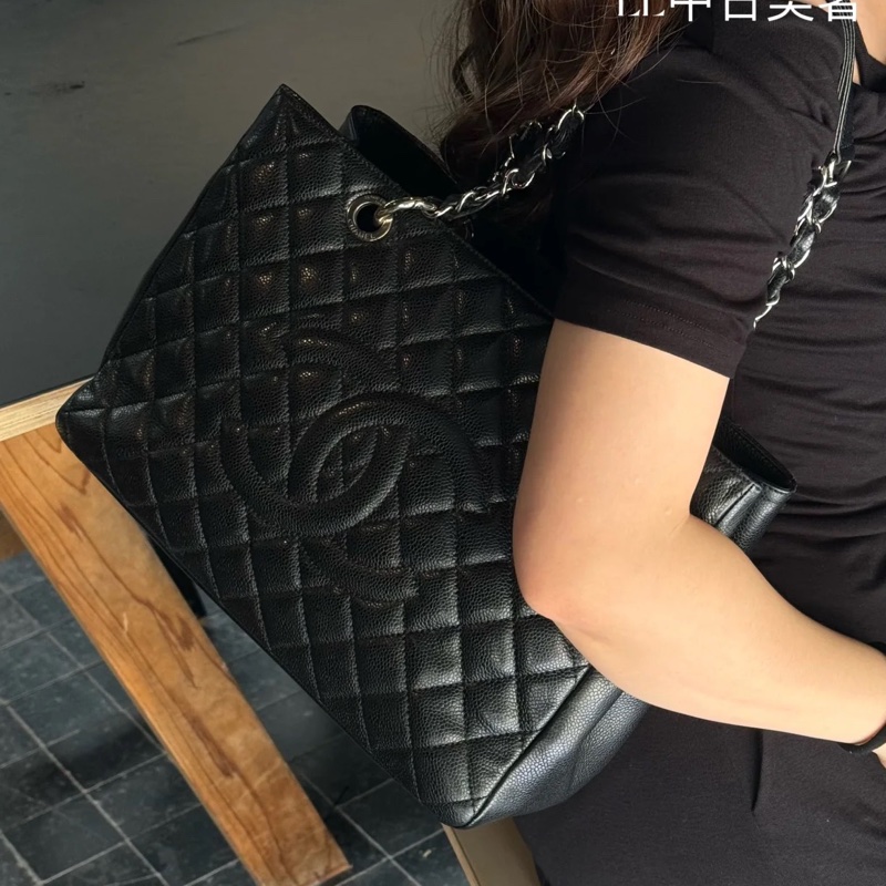 成色很好👍Chanel黑銀荔枝牛皮中號gst鏈條單肩手提包👜-3