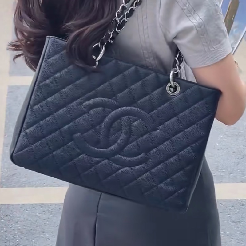 成色很好👍Chanel黑銀荔枝牛皮中號gst鏈條單肩手提包👜-5