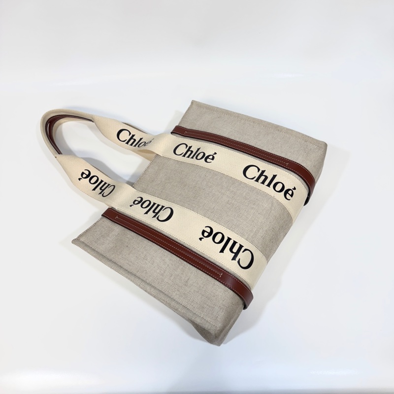 Chloe帆布拚棕牛皮中號woody肩背包-0