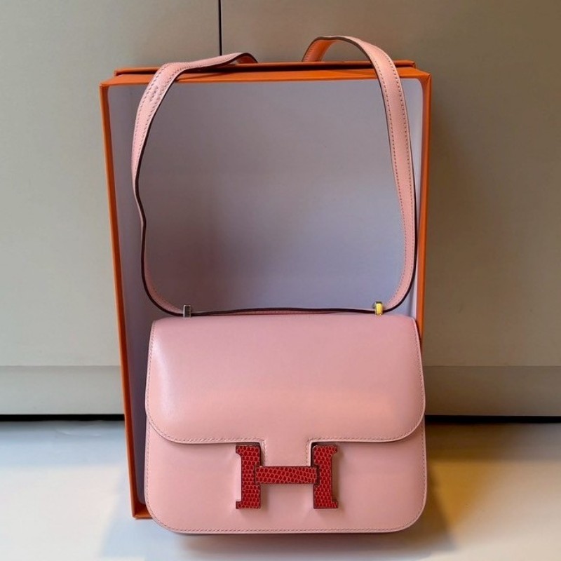Hermes 蜥蜴皮釦櫻花粉皮康康 constance 19-0
