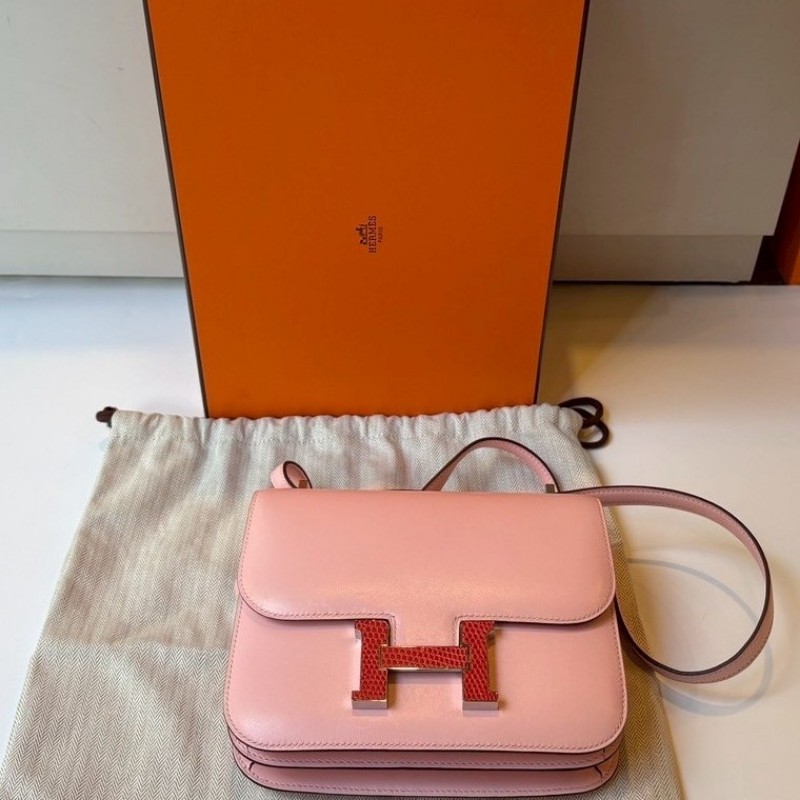 Hermes 蜥蜴皮釦櫻花粉皮康康 constance 19-4