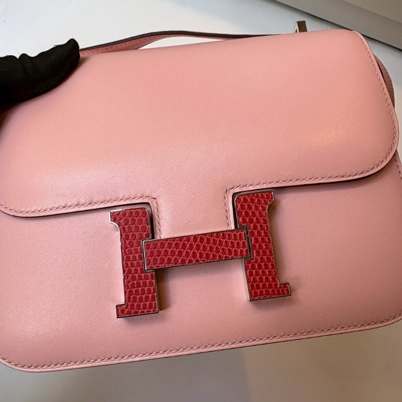 Hermes 蜥蜴皮釦櫻花粉皮康康 constance 19-19