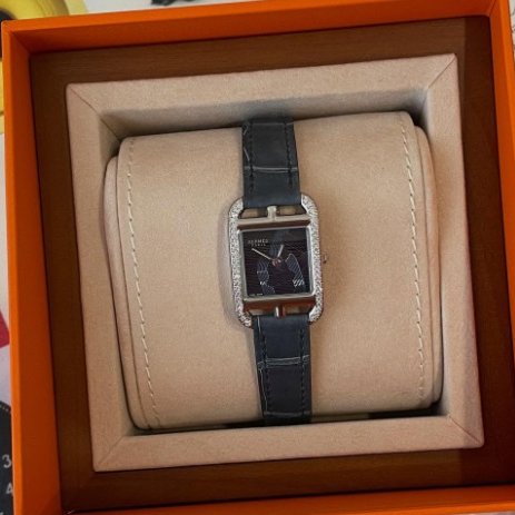全新 Hermès CAPE COD watch Small mode 31mm 藍寶石色 方塊鱷魚天然皮革錶帶-0