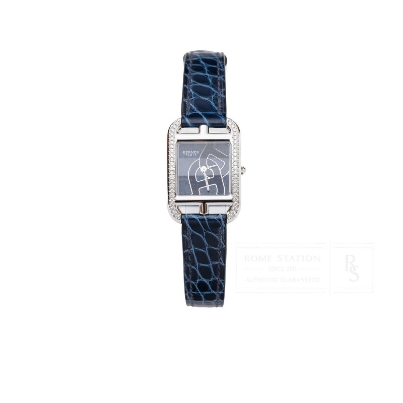 全新 Hermès CAPE COD watch Small mode 31mm 藍寶石色 方塊鱷魚天然皮革錶帶-4