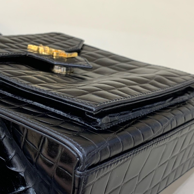 Ysl聖羅蘭 黑色鱷魚壓紋風琴包手提包-7