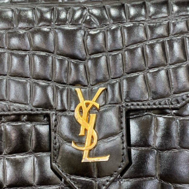 Ysl聖羅蘭 黑色鱷魚壓紋風琴包手提包-13