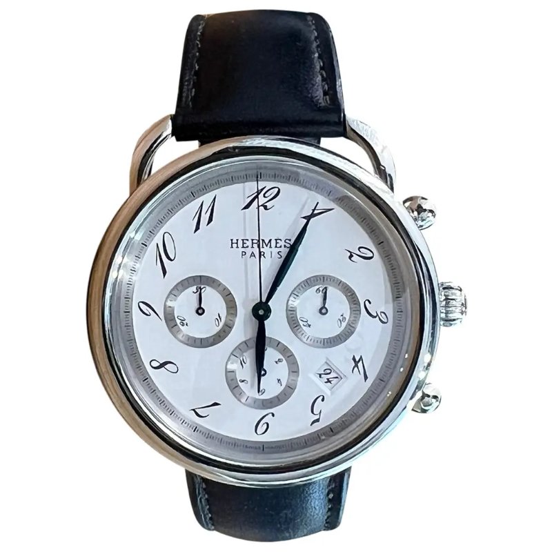 7成新 二手 Hermes ARCEAU 自動腕錶 直徑 42 毫米 皮革錶帶 精鋼錶殼 自動計時碼錶款-0
