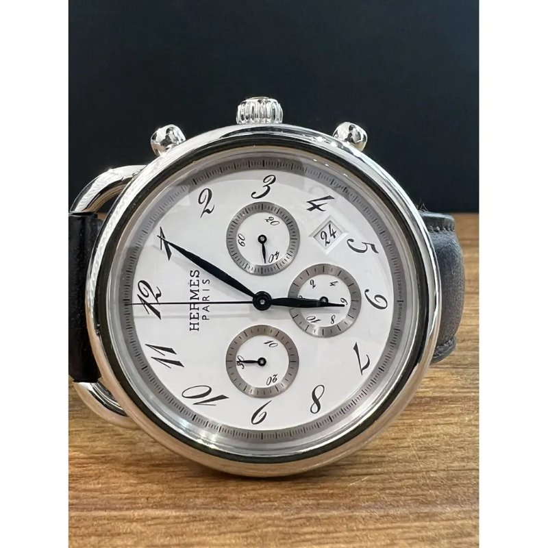 7成新 二手 Hermes ARCEAU 自動腕錶 直徑 42 毫米 皮革錶帶 精鋼錶殼 自動計時碼錶款-1