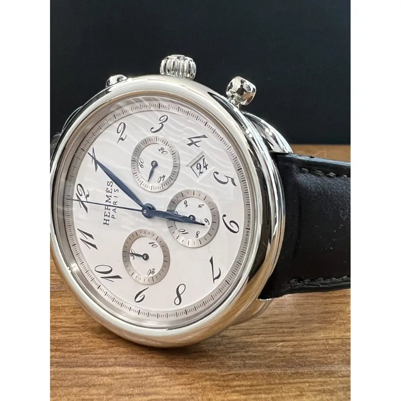 7成新 二手 Hermes ARCEAU 自動腕錶 直徑 42 毫米 皮革錶帶 精鋼錶殼 自動計時碼錶款-2