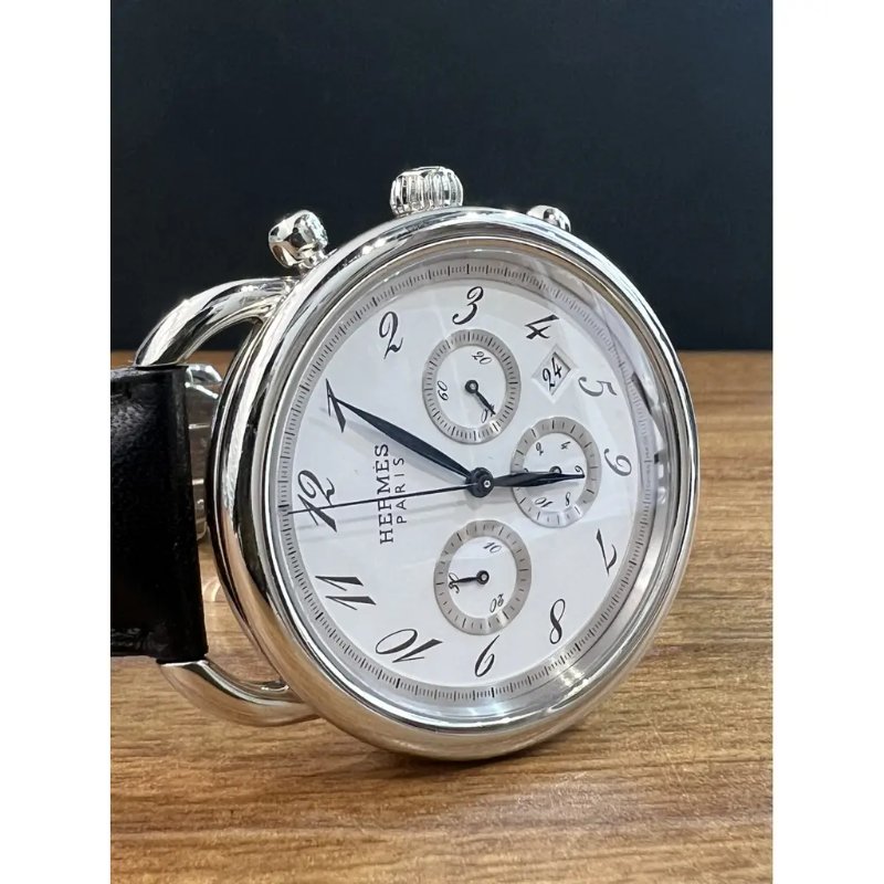 7成新 二手 Hermes ARCEAU 自動腕錶 直徑 42 毫米 皮革錶帶 精鋼錶殼 自動計時碼錶款-3