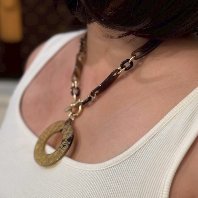 Hermes 咖啡帶金色水牛角項鍊-5