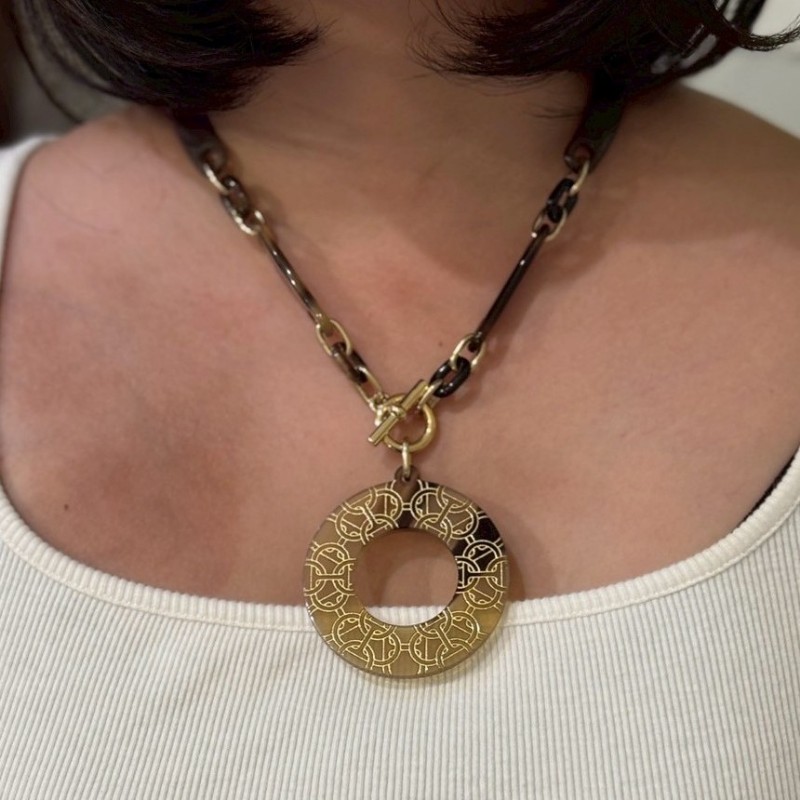 Hermes 咖啡帶金色水牛角項鍊-7