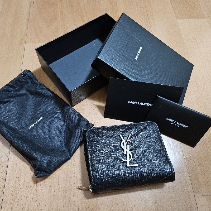 YSL 聖羅蘭 拉鍊零錢袋 對折短夾 黑銀-0