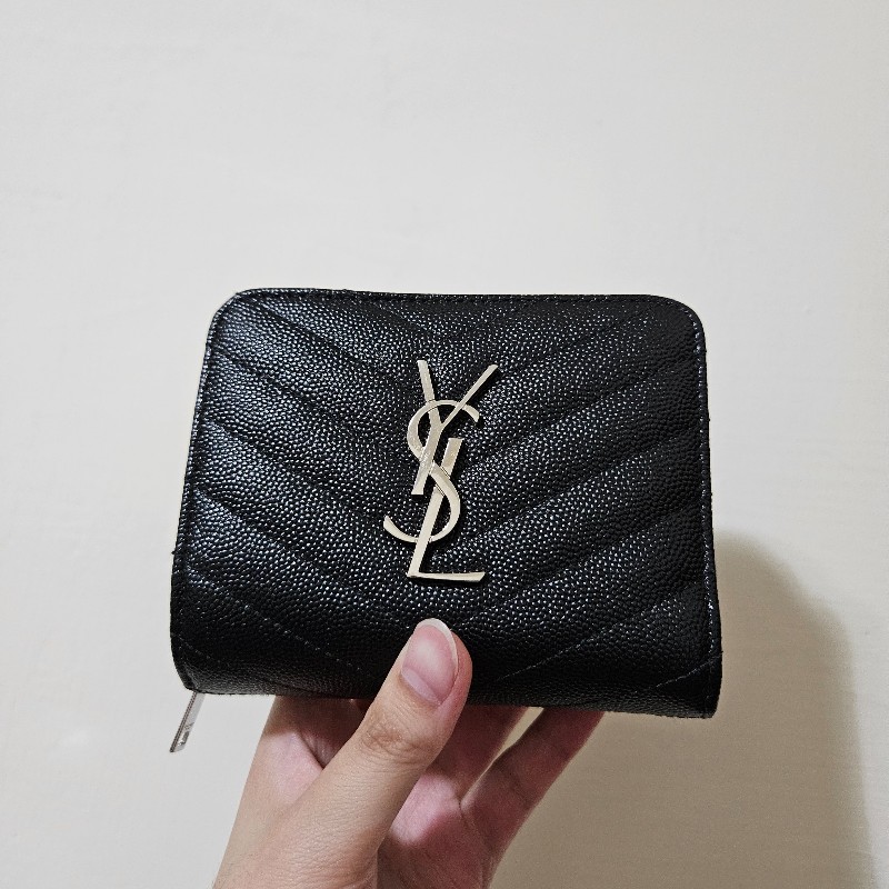 YSL 聖羅蘭 拉鍊零錢袋 對折短夾 黑銀-1