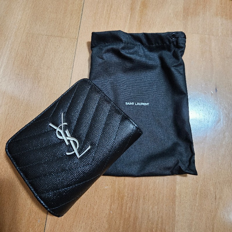 YSL 聖羅蘭 拉鍊零錢袋 對折短夾 黑銀-3