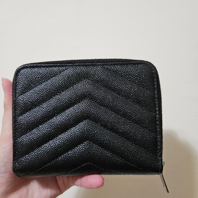 YSL 聖羅蘭 拉鍊零錢袋 對折短夾 黑銀-6