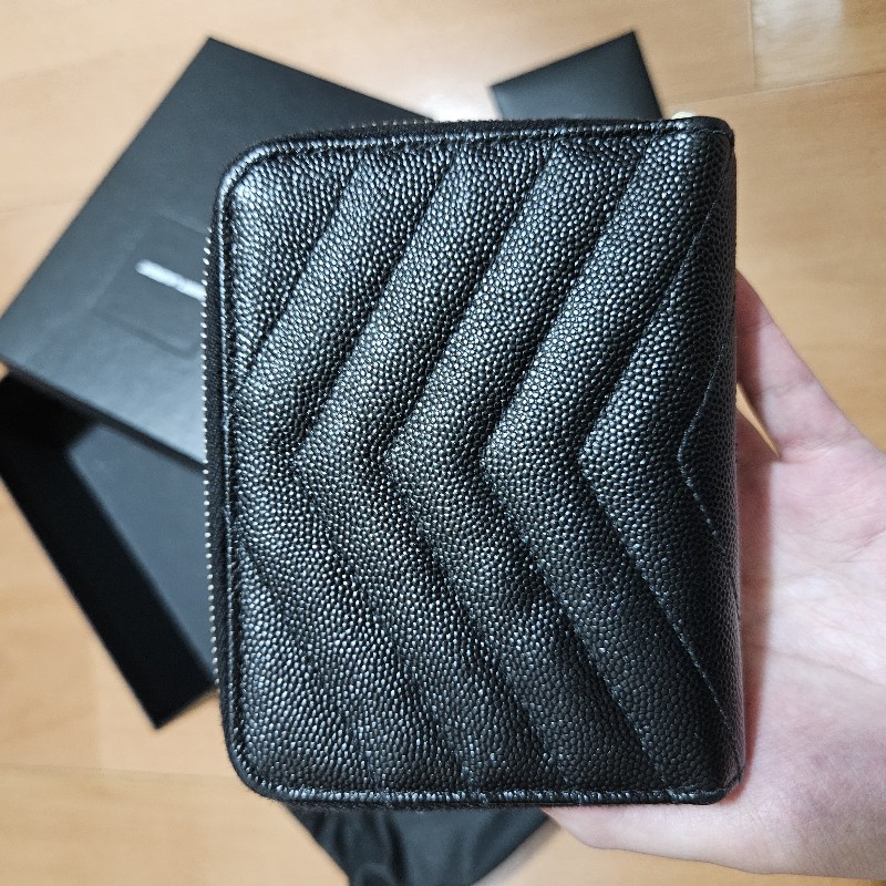 YSL 聖羅蘭 拉鍊零錢袋 對折短夾 黑銀-7