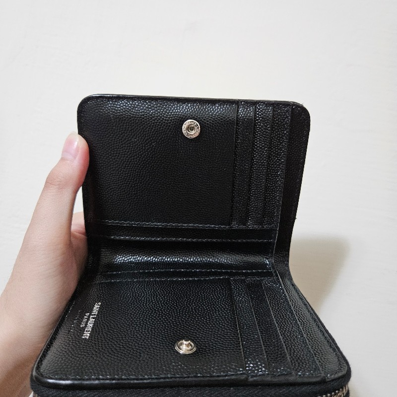 YSL 聖羅蘭 拉鍊零錢袋 對折短夾 黑銀-15