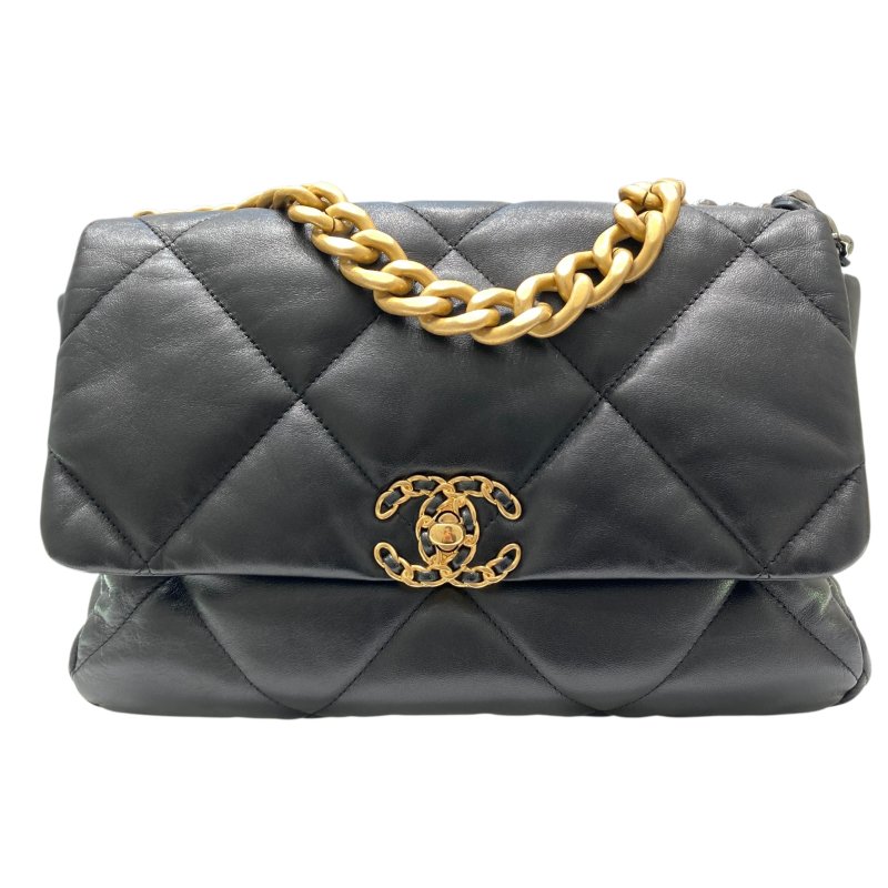 CHANEL 香奈兒 Chanel19 Medium 羊皮 肩背包 黑色 金銀釦-0